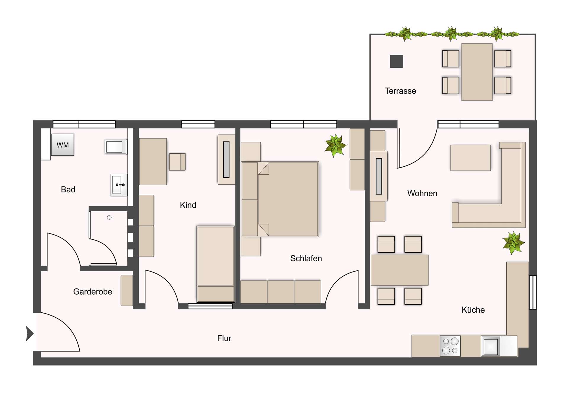 Grundriss einer Wohnung: Flur verläuft durch die Mitte, links Bad und Garderobe, rechts Wohnzimmer und Küche, Terrasse oben.