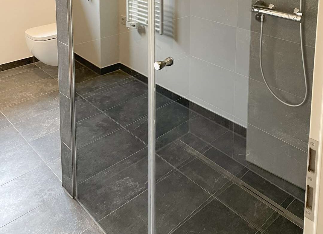 Modern bathroom featuring a glass shower enclosure with chrome hardware, dark gray floor and wall tiles, and a wall-mounted toilet visible in the background.