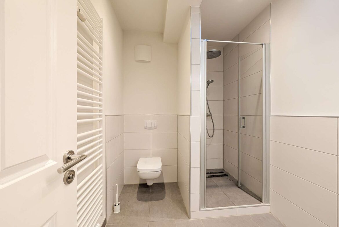 Small modern bathroom with wall-hung toilet, white towel warmer on the left, and a glass-door shower enclosure on the right.