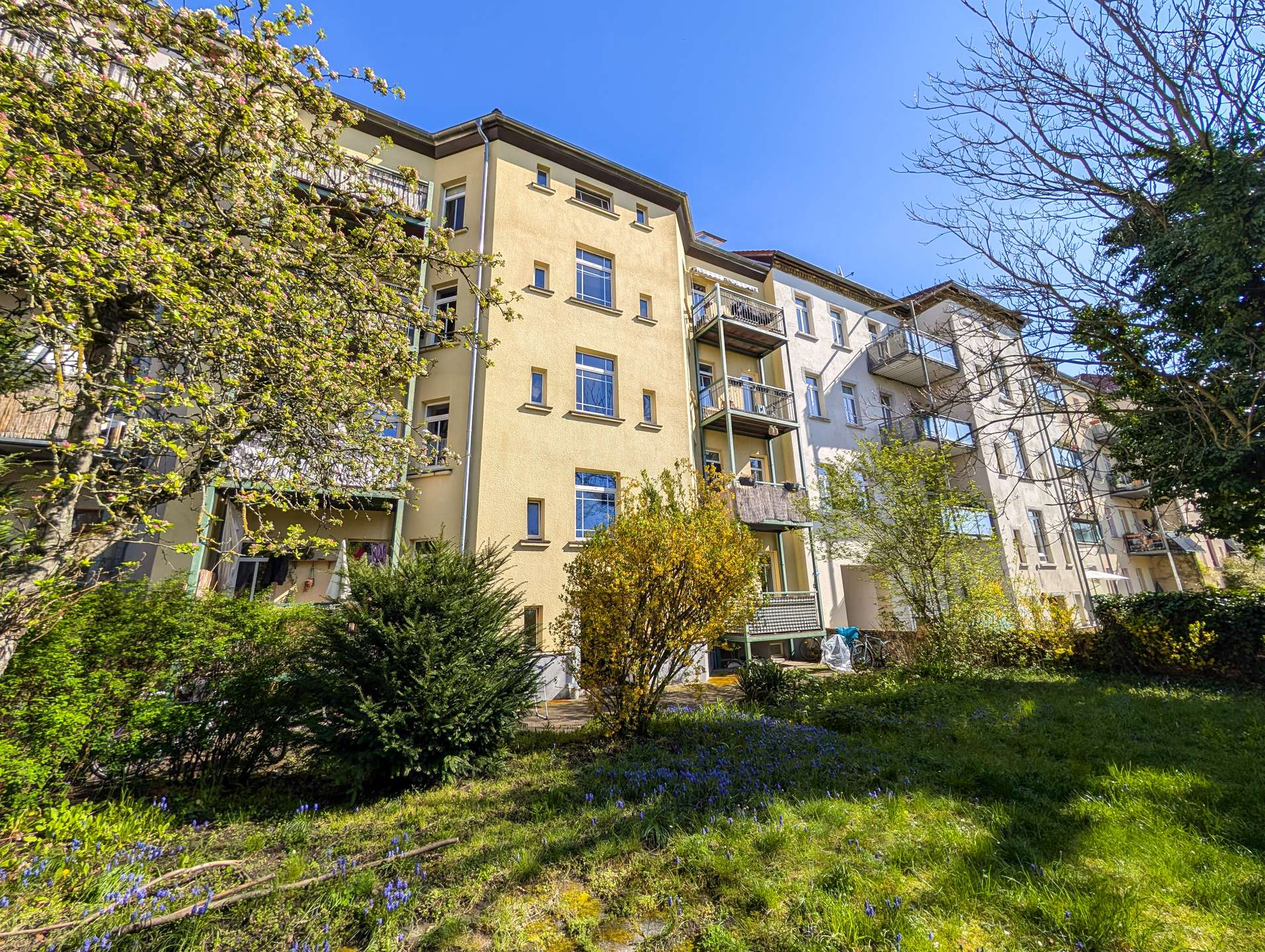 Residential apartment building with balconies surrounded by trees and a clear blue sky