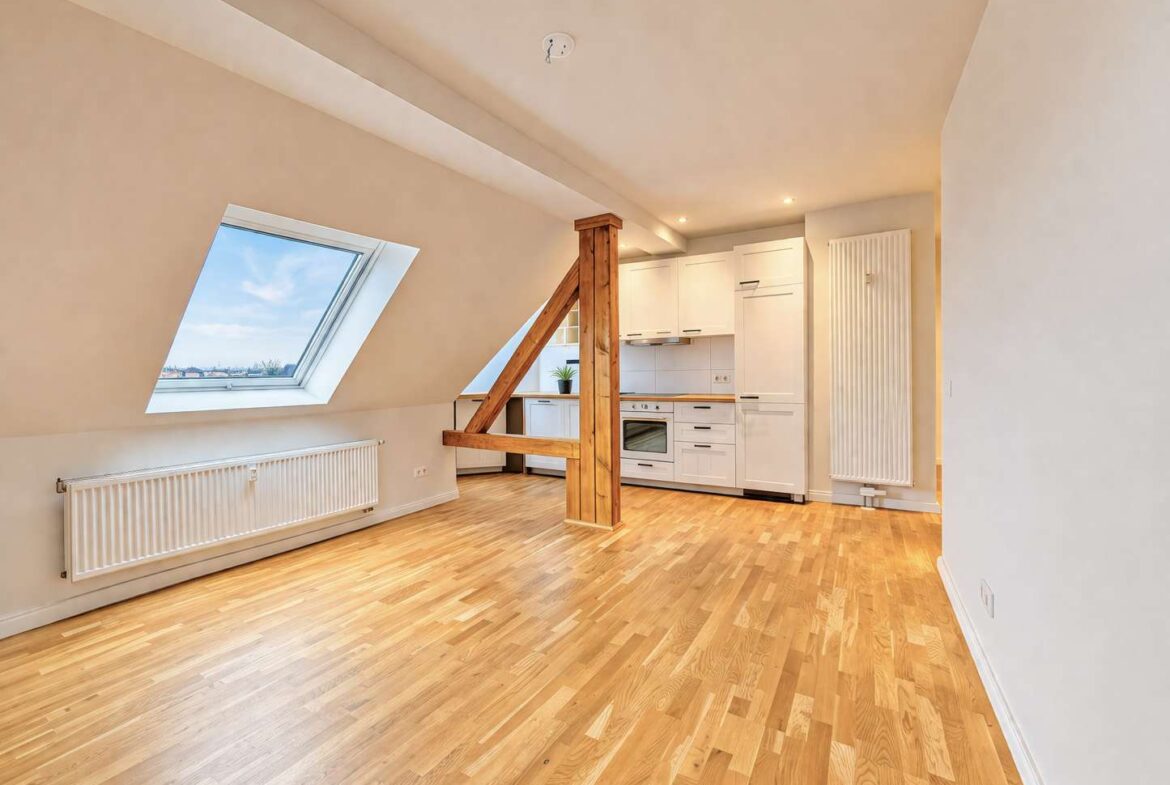 Bright attic with sloped white ceilings, skylight window, and a wooden beam support; open-plan kitchen with white cabinets and stainless appliances; light hardwood floor, radiator along the wall.