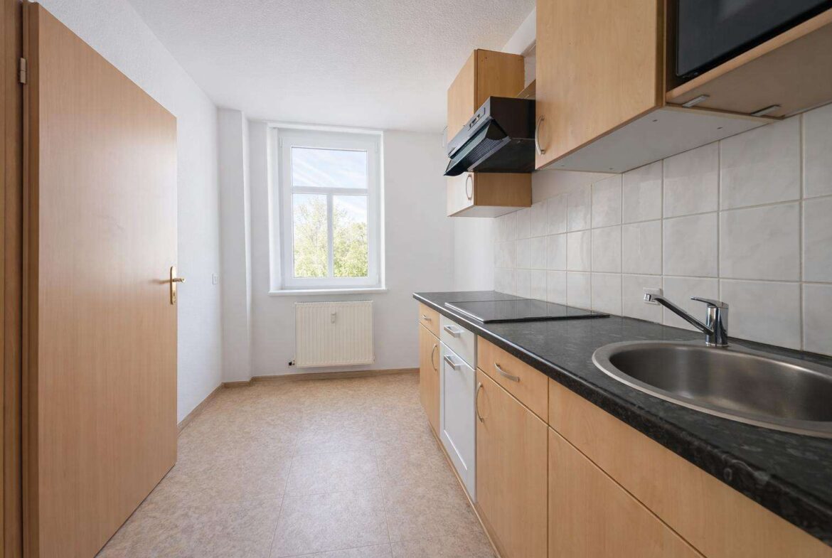 Compact kitchen with light wood cabinets, black countertop, stainless sink, electric stovetop, tiled backsplash, a window and radiator visible in a bright, narrow space.