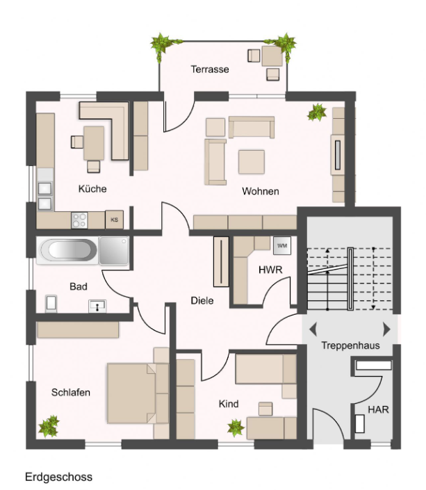 Ground-floor apartment layout with labeled rooms: Küche, Wohnen, Diele, Bad, Schlafen, Kind, HWR, Terrasse and Treppenhaus area in German plan