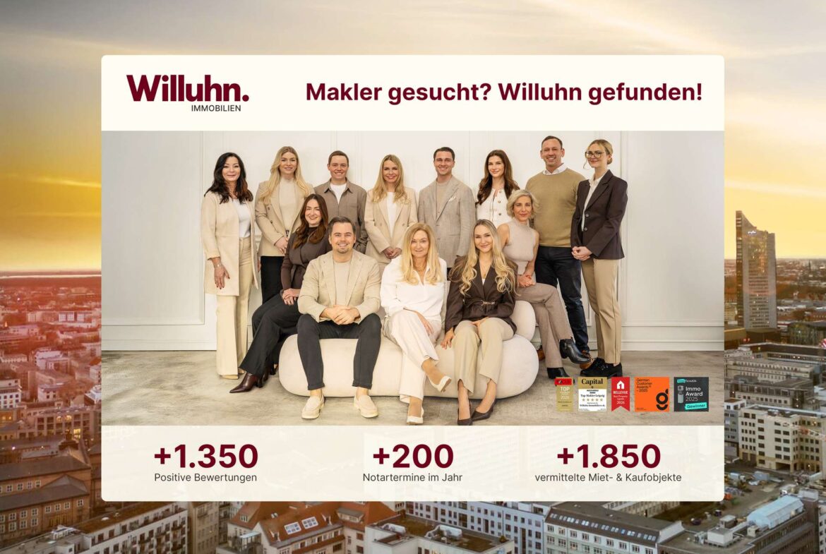Group portrait of the Willuhn Immobilien team with the headline 'Makler gesucht? Willuhn gefunden!' and business stats: +1,350 positive reviews, +200 notary appointments, +1,850 rental and purchase properties handled.