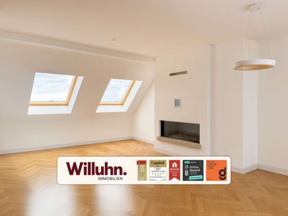 Bright empty living room with two skylights, warm hardwood floor, and a modern built-in fireplace.