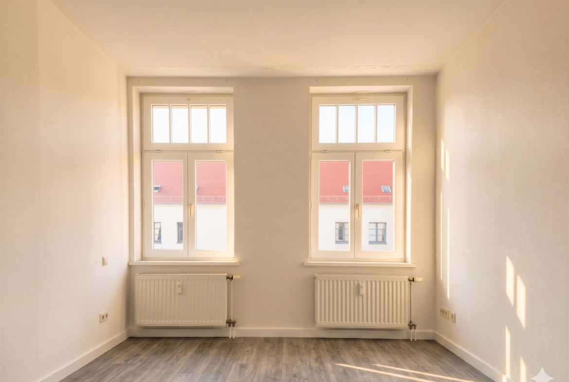 Bright empty room with two large windows letting in warm sunlight; radiators under the windows and light wood flooring visible outside light shadows.