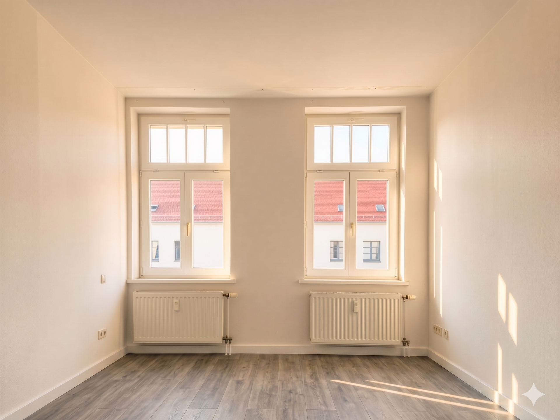 Bright empty room with two large windows letting in warm sunlight; radiators under the windows and light wood flooring visible outside light shadows.