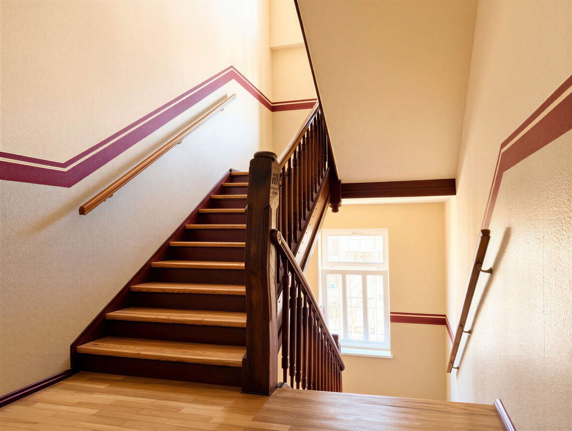 Wooden staircase with dark railing and beige walls featuring purple decorative trim, viewed from the landing