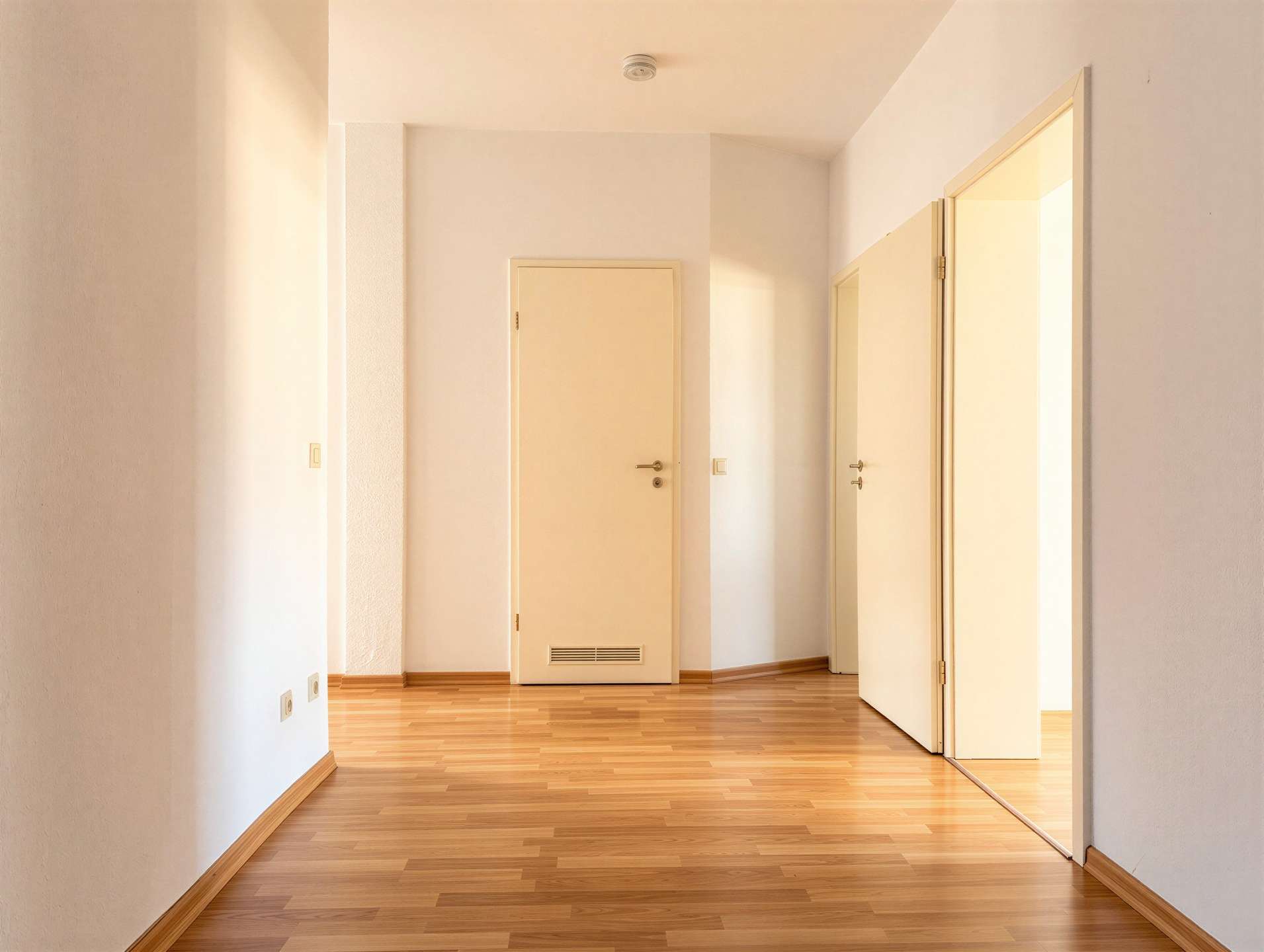 Bright hallway in a residential interior with white walls and several closed doors along a corner, wooden floor.