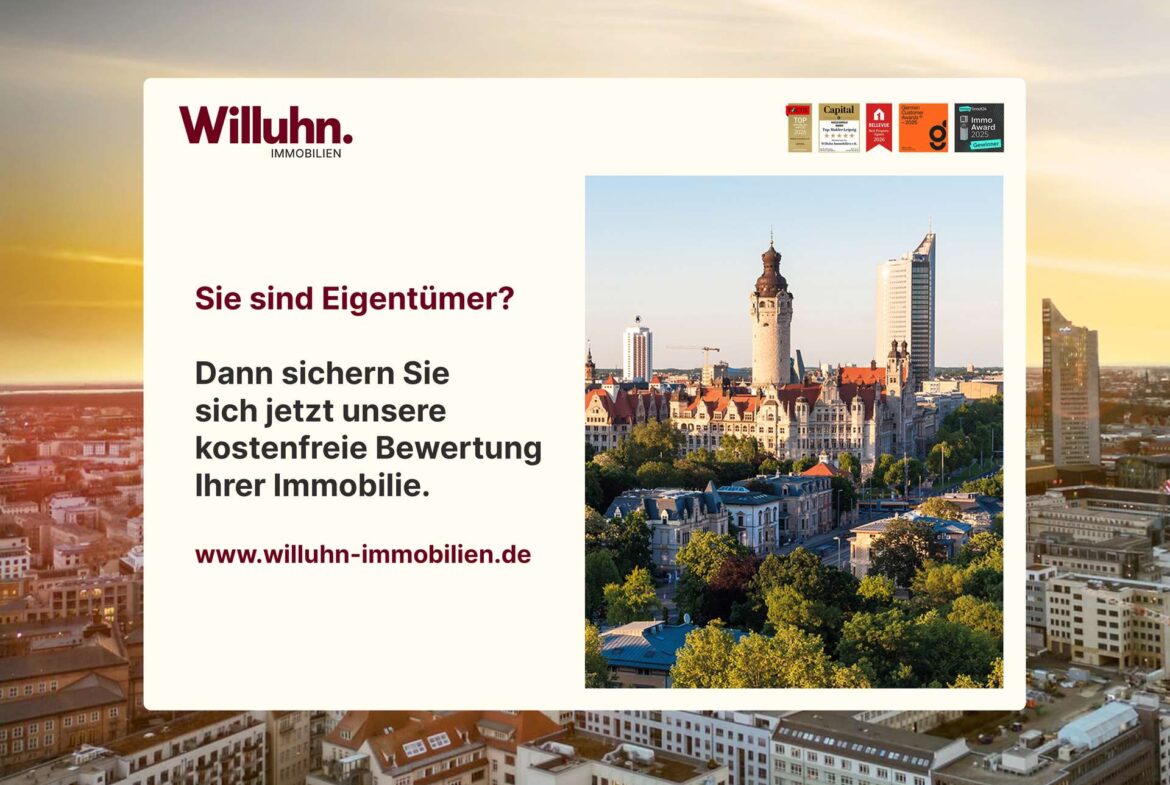 Werbung für Willuhn Immobilien: Text zur kostenlosen Immobilienbewertung für Eigentümer, mit URL www.willuhn-immobilien.de und Stadtpanorama.