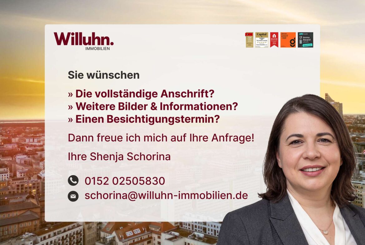 Willuhn Immobilien banner featuring a smiling real estate agent with contact details and German prompts for full address, more photos, or a viewing appointment.