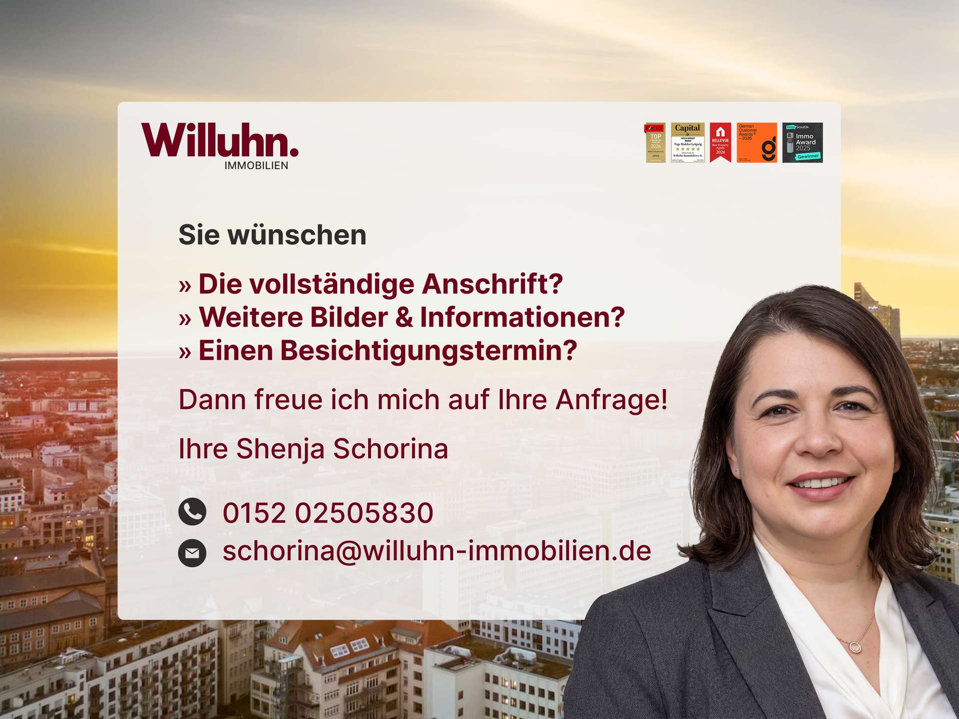 Willuhn Immobilien banner featuring a smiling real estate agent with contact details and German prompts for full address, more photos, or a viewing appointment.