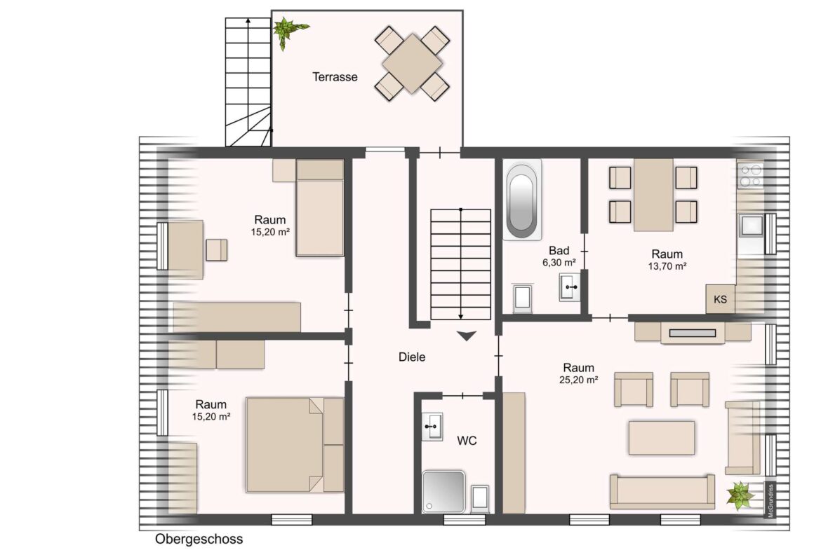 Upper-floor layout: central hall (Diele) with stairwell, bathroom and WC, four rooms, and a terrace with outdoor table set.
