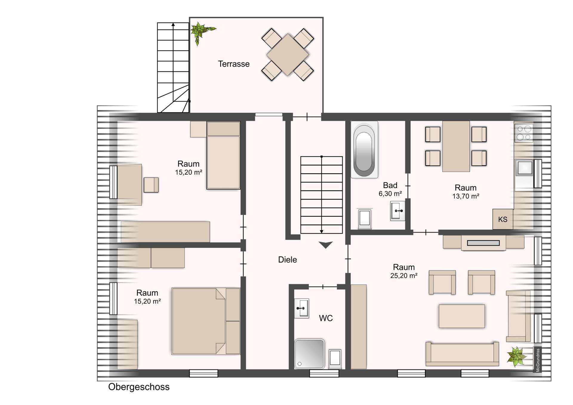 Upper-floor layout: central hall (Diele) with stairwell, bathroom and WC, four rooms, and a terrace with outdoor table set.