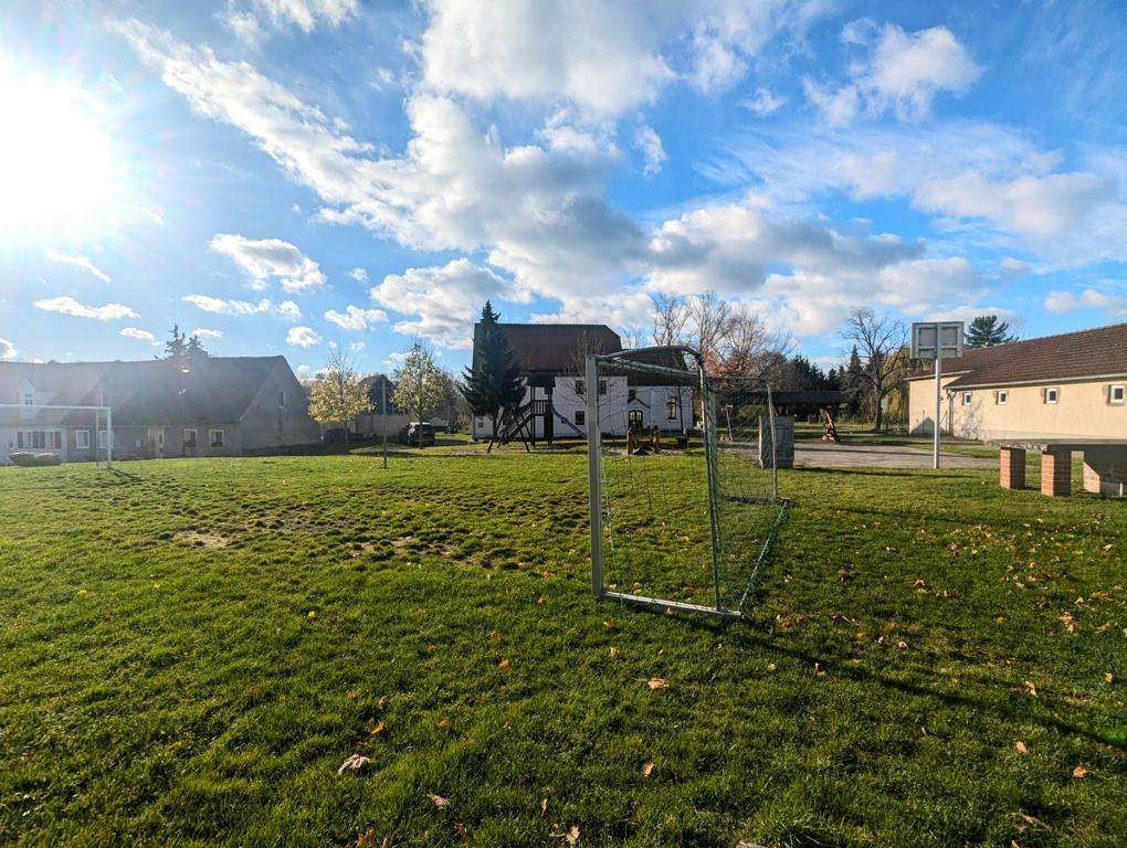 Sunlit park with a small metal soccer goal on a grassy field and houses in the background