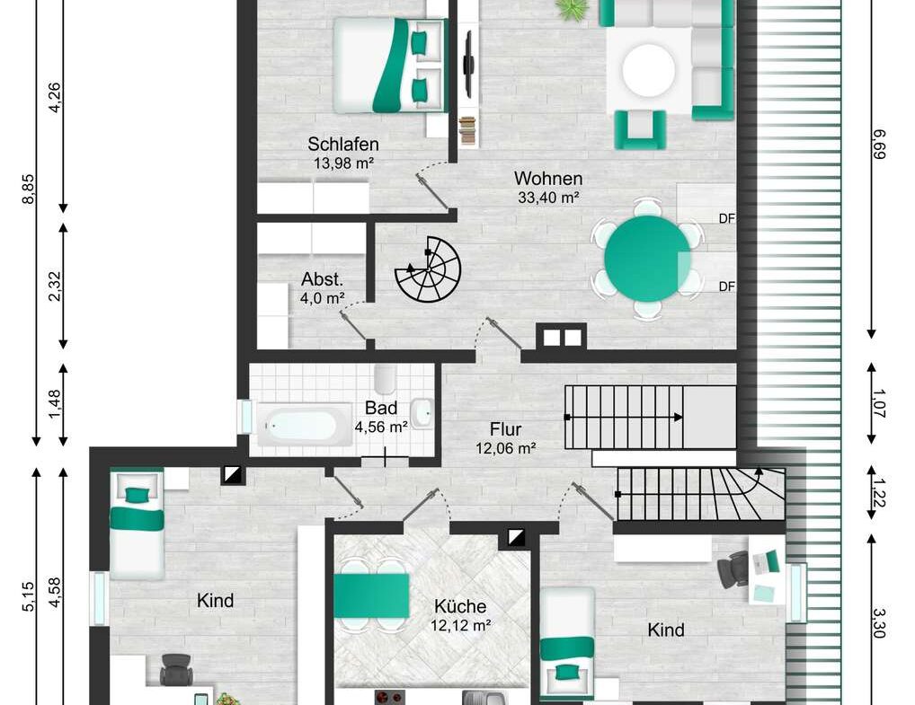 Floor plan of a multi-room apartment with living area, two bedrooms, kitchen, bathroom, hallway, and balcony.