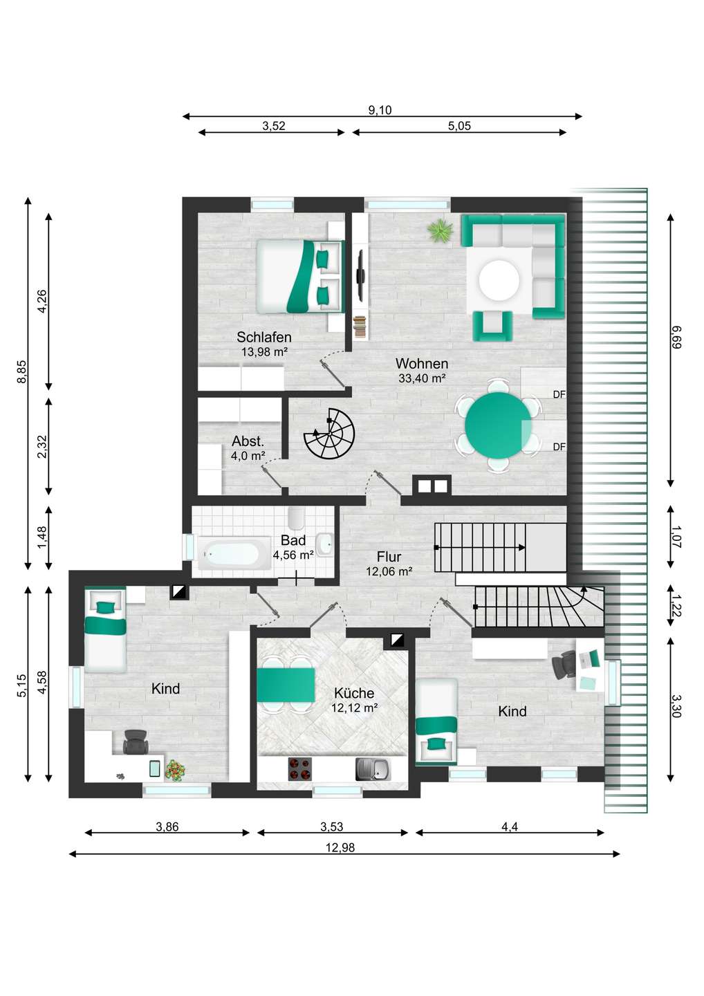 Floor plan of a multi-room apartment with living area, two bedrooms, kitchen, bathroom, hallway, and balcony.