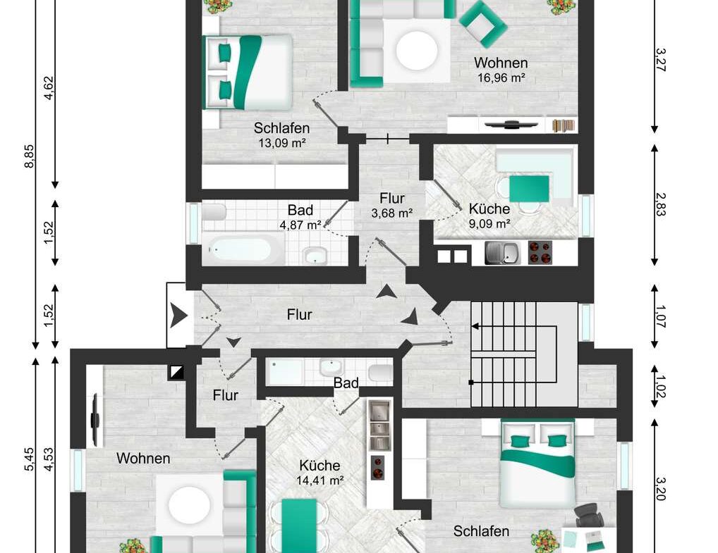 Floor plan of a two-apartment home showing rooms (Wohnen, Schlafen, Küche, Bad) and connecting corridors with labeled dimensions for each space.