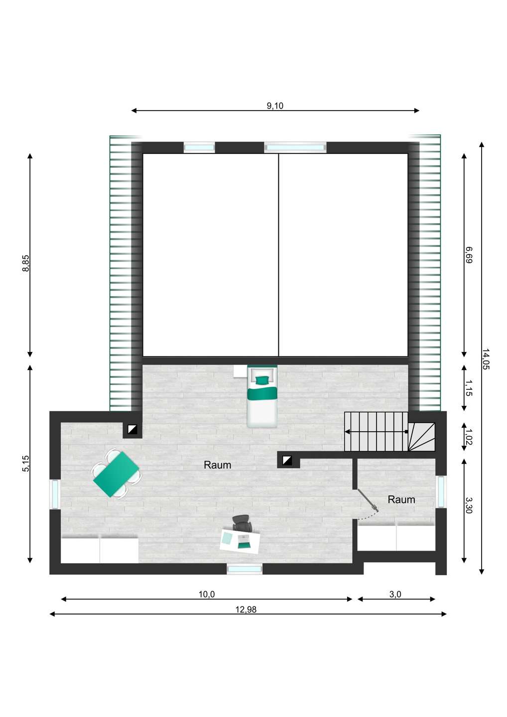 Floor plan of a two-room living space with a bed in the center, stairs on the right, and furniture in the lower area; wall measurements around the edges.
