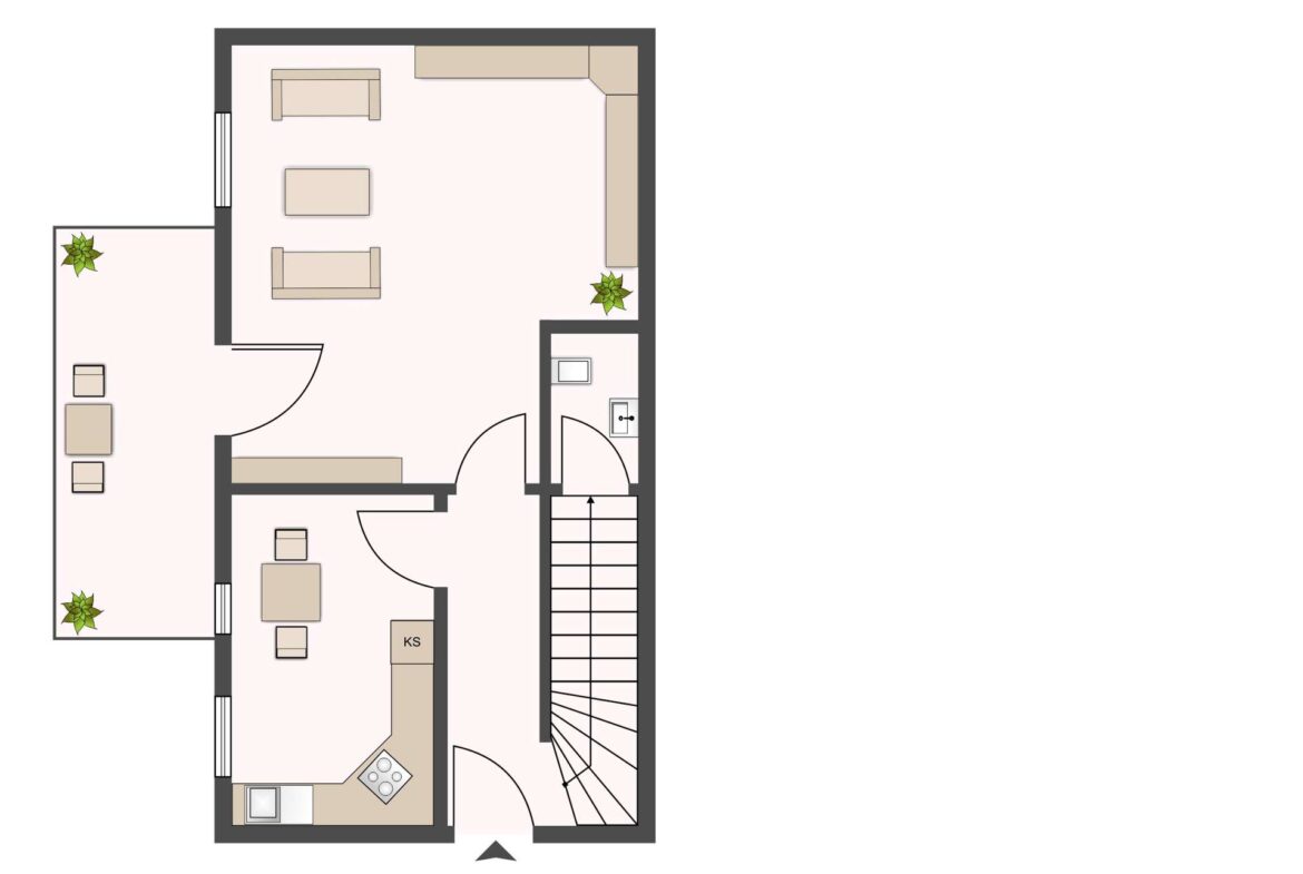Floor plan of a small apartment: entrance at the bottom center, stairs on the right, living room with sofas at the top left, dining area and kitchen at the bottom left, bathroom in the center-right, and a balcony with plants on the left.