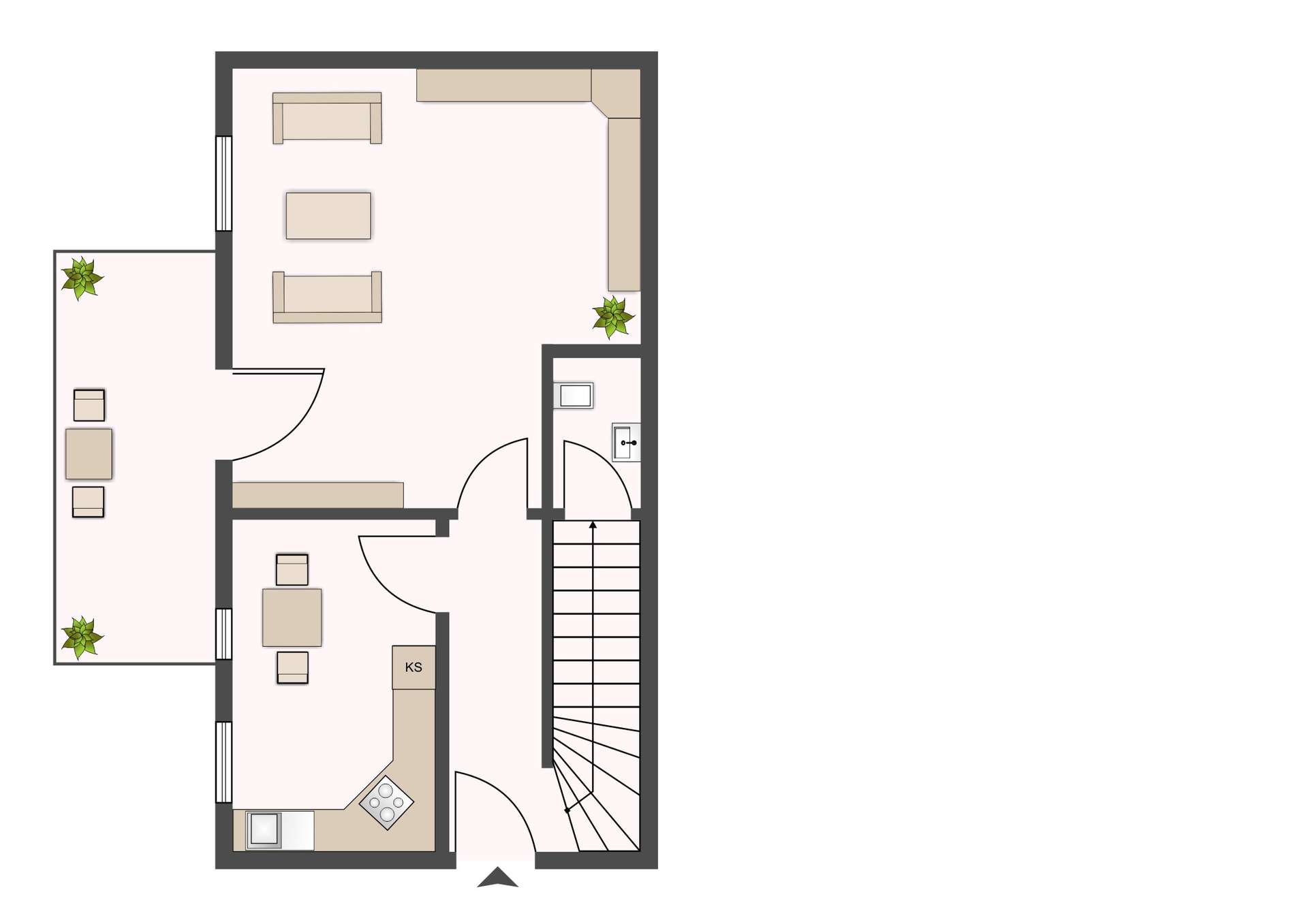 Floor plan of a small apartment: entrance at the bottom center, stairs on the right, living room with sofas at the top left, dining area and kitchen at the bottom left, bathroom in the center-right, and a balcony with plants on the left.