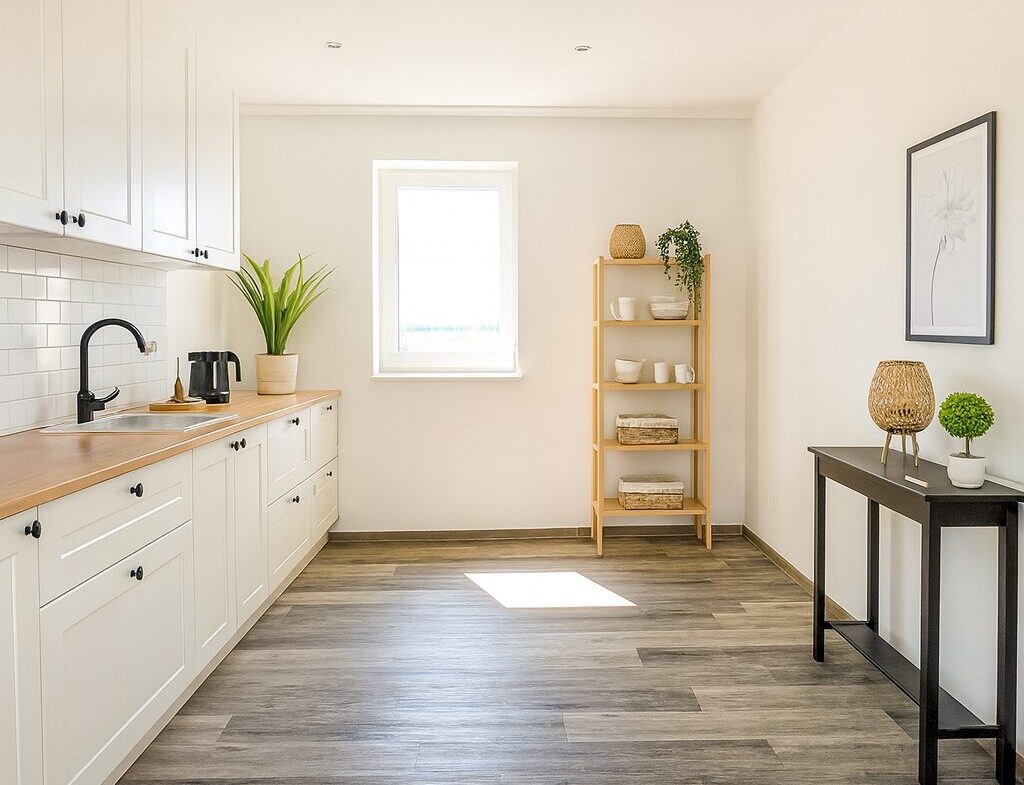 Bright minimalist kitchen with white cabinets, wooden counters, and a black faucet under a window.”,