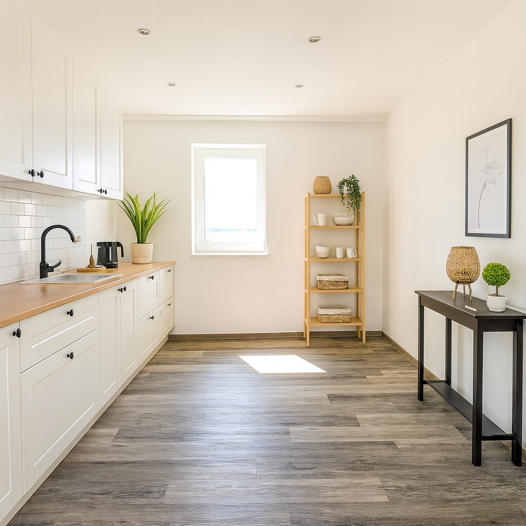 Bright minimalist kitchen with white cabinets, wooden counters, and a black faucet under a window.”,