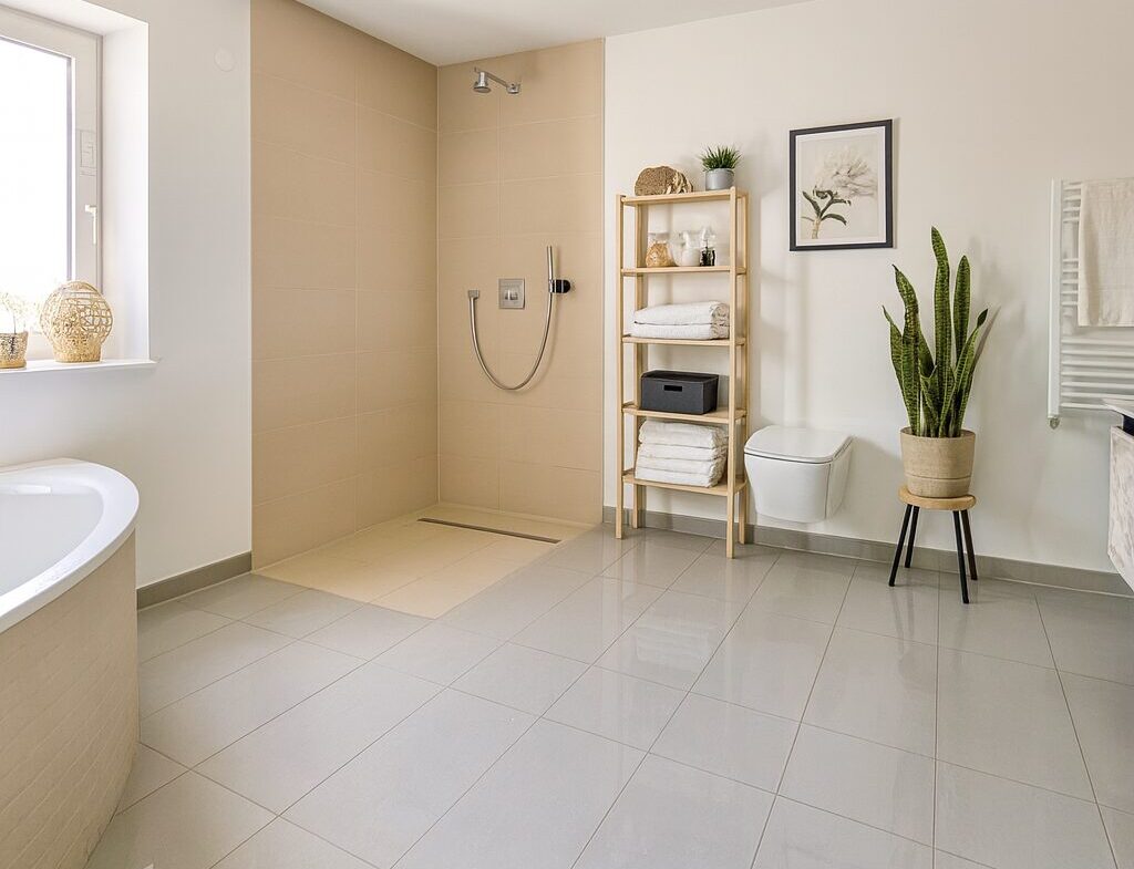 Bright minimalist bathroom featuring a walk‑in shower with beige tiles, a white tub, and a wooden towel shelf beside a toilet and plant.