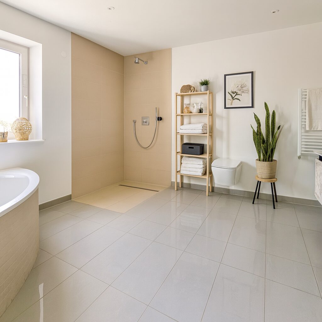 Bright minimalist bathroom featuring a walk‑in shower with beige tiles, a white tub, and a wooden towel shelf beside a toilet and plant.