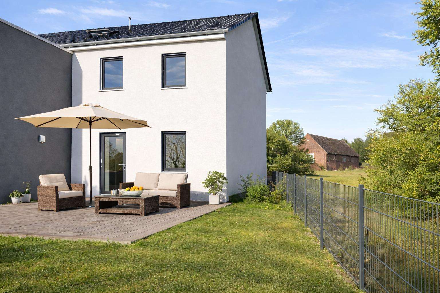 White two-story house with gray accents and a wooden patio set under a large beige umbrella on a tiled deck.