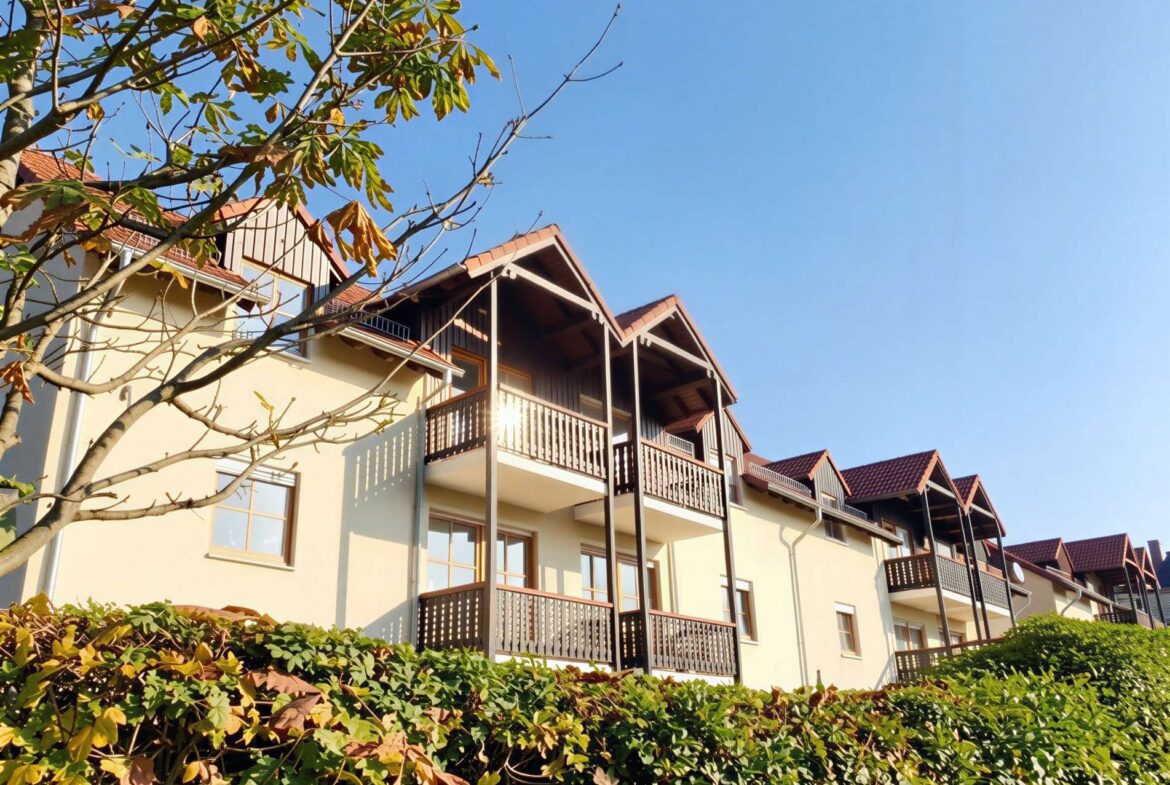 Residential building with multiple dark wood balconies and red-tiled roofs against a clear blue sky, with a hedge in the foreground and a tree partially framing the scene.