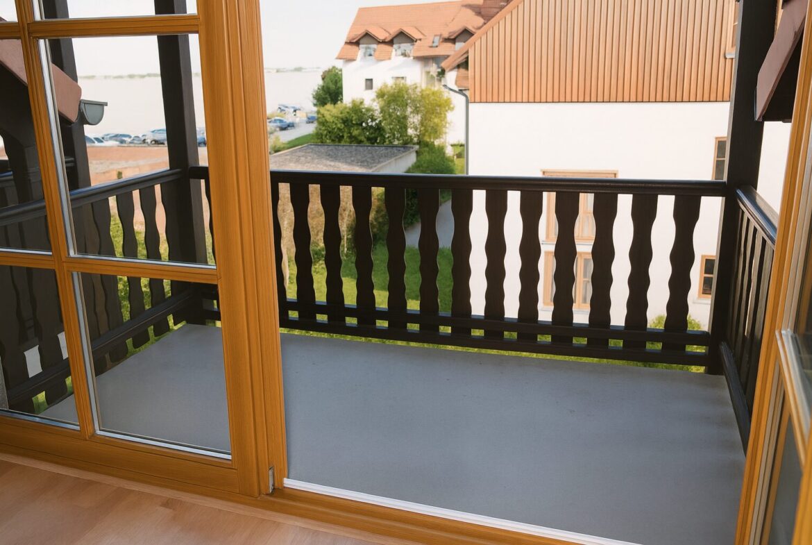Wooden-framed balcony door opens to a dark railing with carved balusters; view of neighboring buildings, trees, and parked cars beyond.