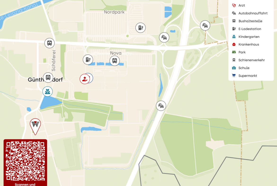 Map of Güntherdorf area showing service icons (pharmacy, doctor, bus stops, park, school) with a legend panel on the right and a QR code bottom-left.