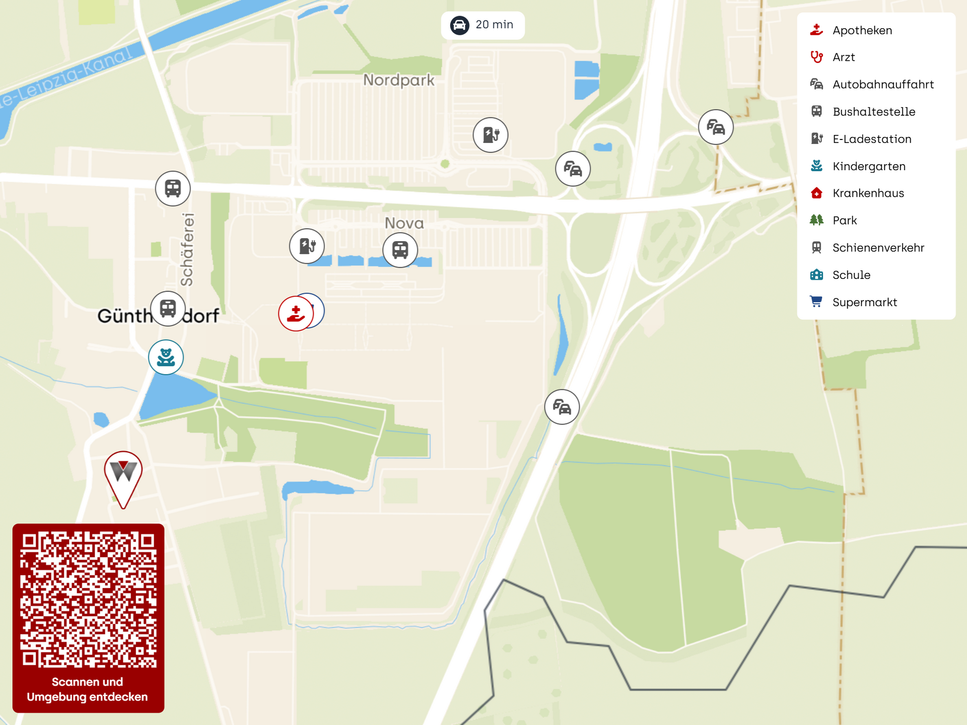 Map of Güntherdorf area showing service icons (pharmacy, doctor, bus stops, park, school) with a legend panel on the right and a QR code bottom-left.