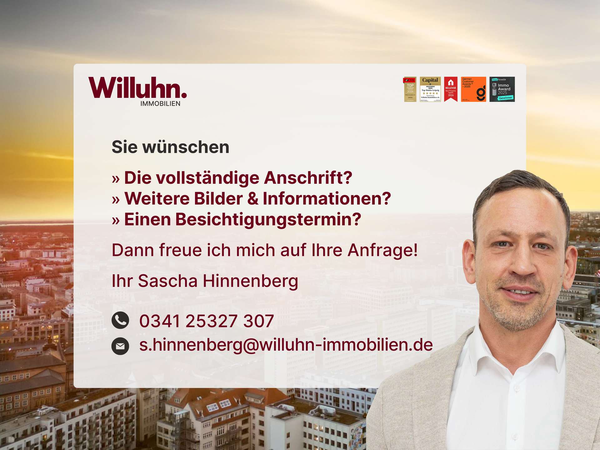 Willuhn Immobilien advertisement with German contact prompts; man in a beige blazer on a city backdrop.