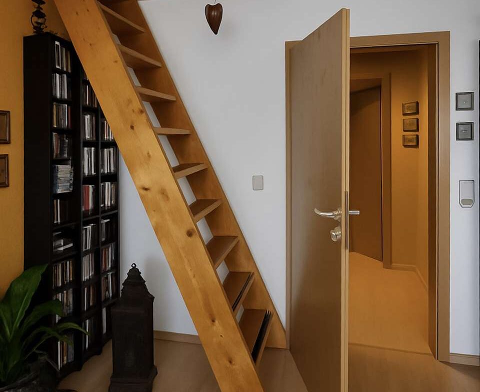 Wooden diagonal loft ladder leading to a small upper hatch opening in a cozy living area with bookshelves and a door ajar to another room