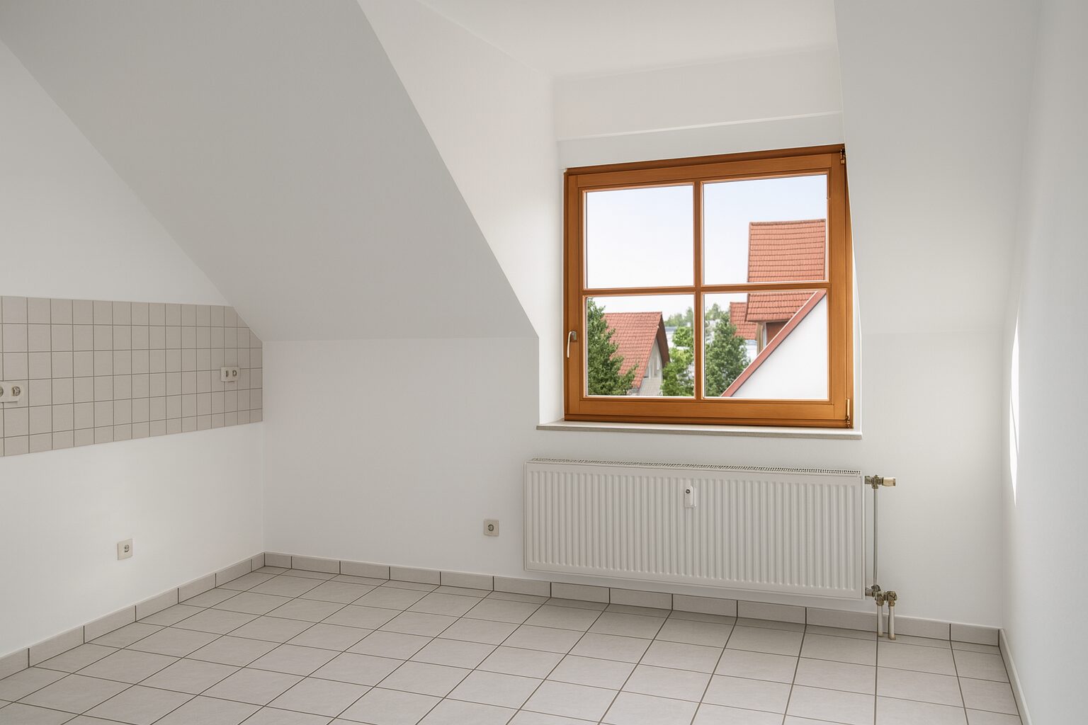 Empty, bright room with a slanted ceiling, white walls, and light tile floor; a wooden-framed window above a radiator, overlooking red-tiled roofs.