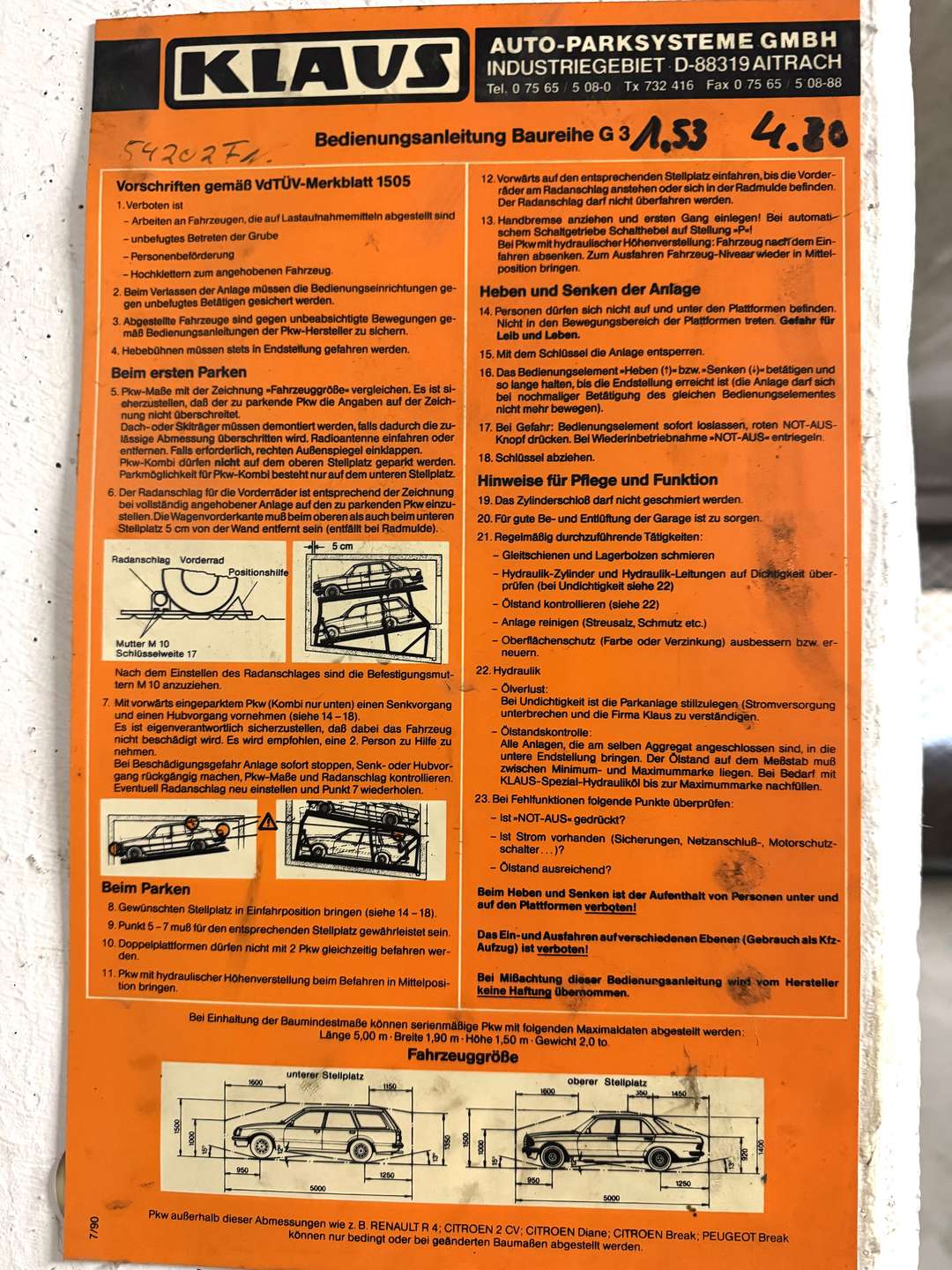Orange Klauss Auto-Parksysteme instruction sheet with German operating rules and diagrams for installation.