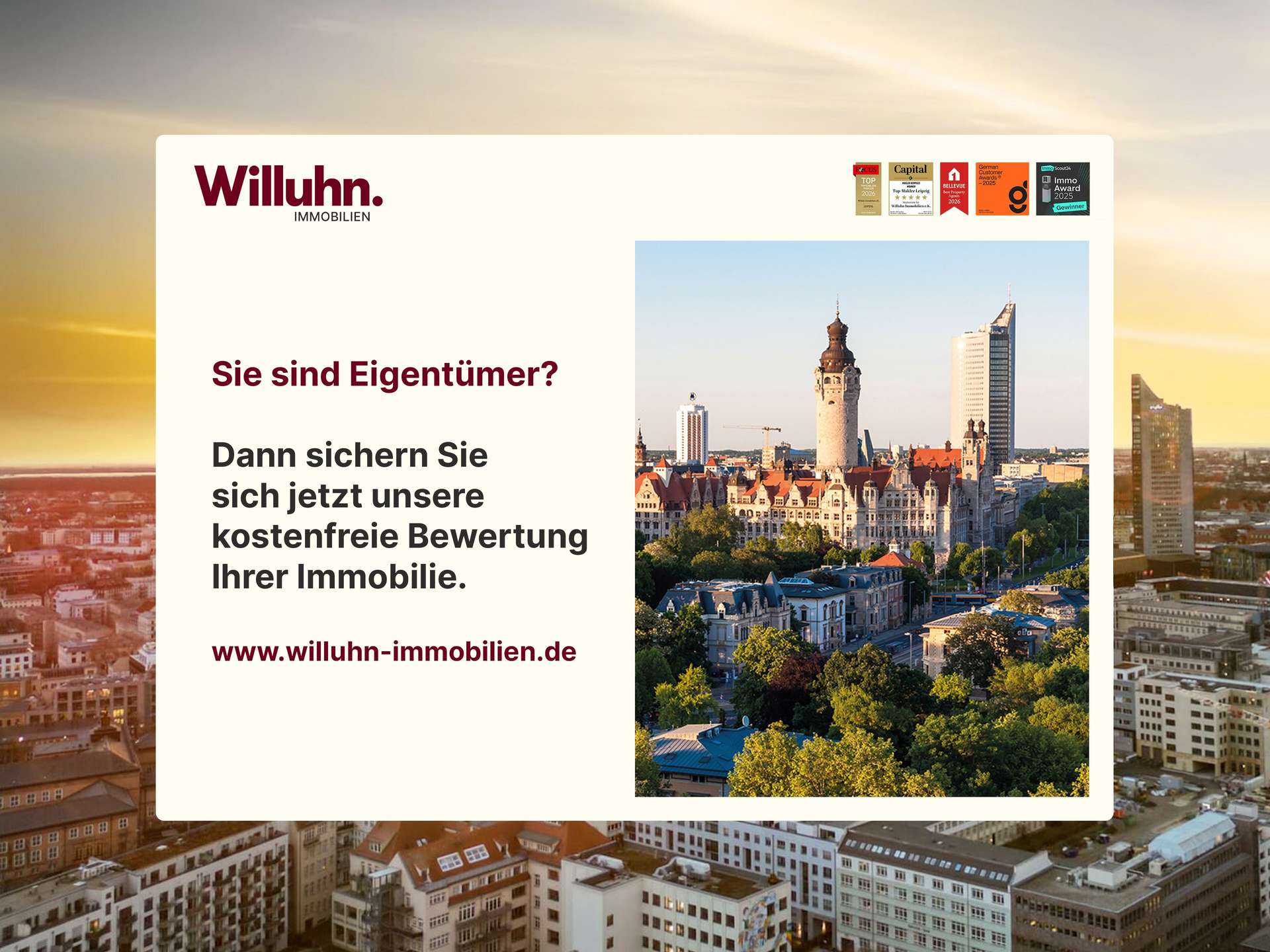 Willuhn Immobilien hero: bold German text inviting property owners to get a free valuation over a city skyline backdrop.