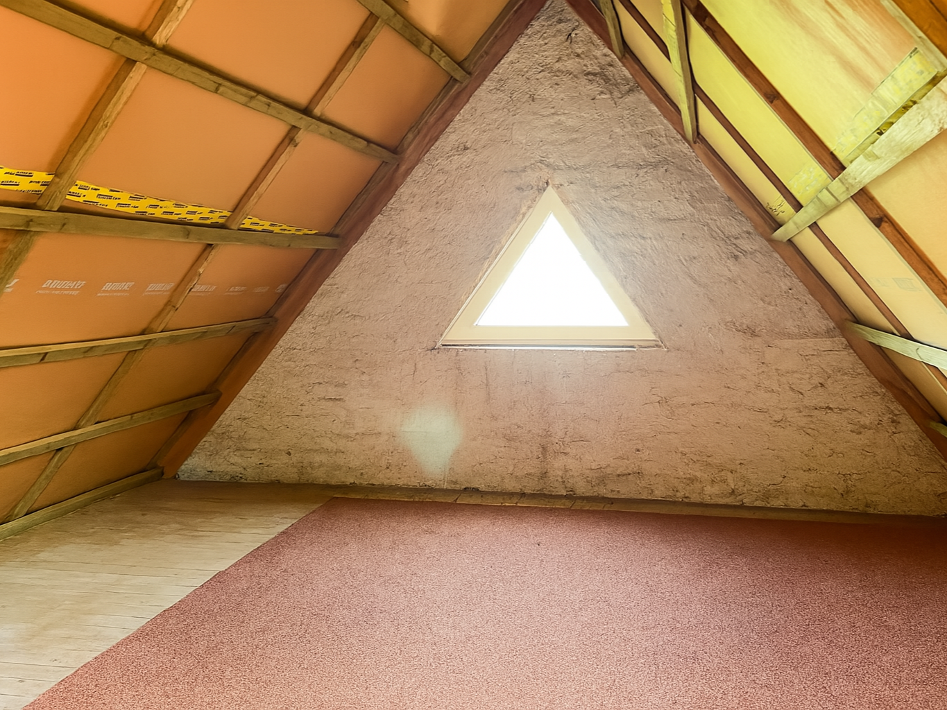 Attic with a triangular window in the gable wall, orange insulation, exposed wooden beams, and a pink carpeted floor.