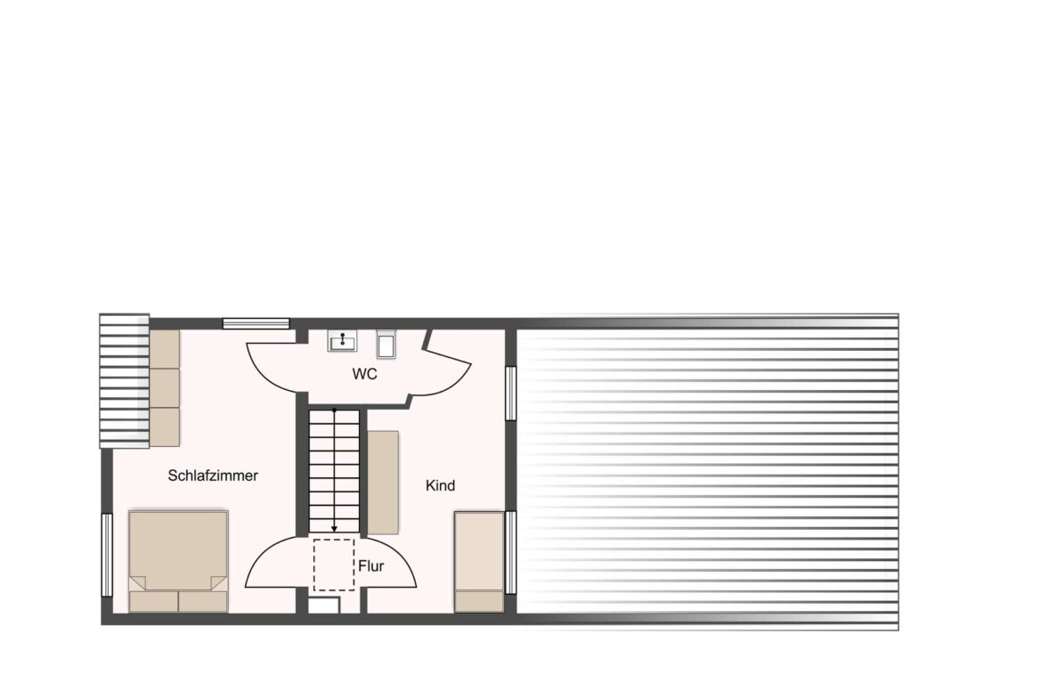 Top-down floor plan showing a bedroom (Schlafzimmer) on the left, a child’s room (Kind) on the right, a central Flur with stairs, and a WC at the top; a large striped outdoor area/deck is on the right side.