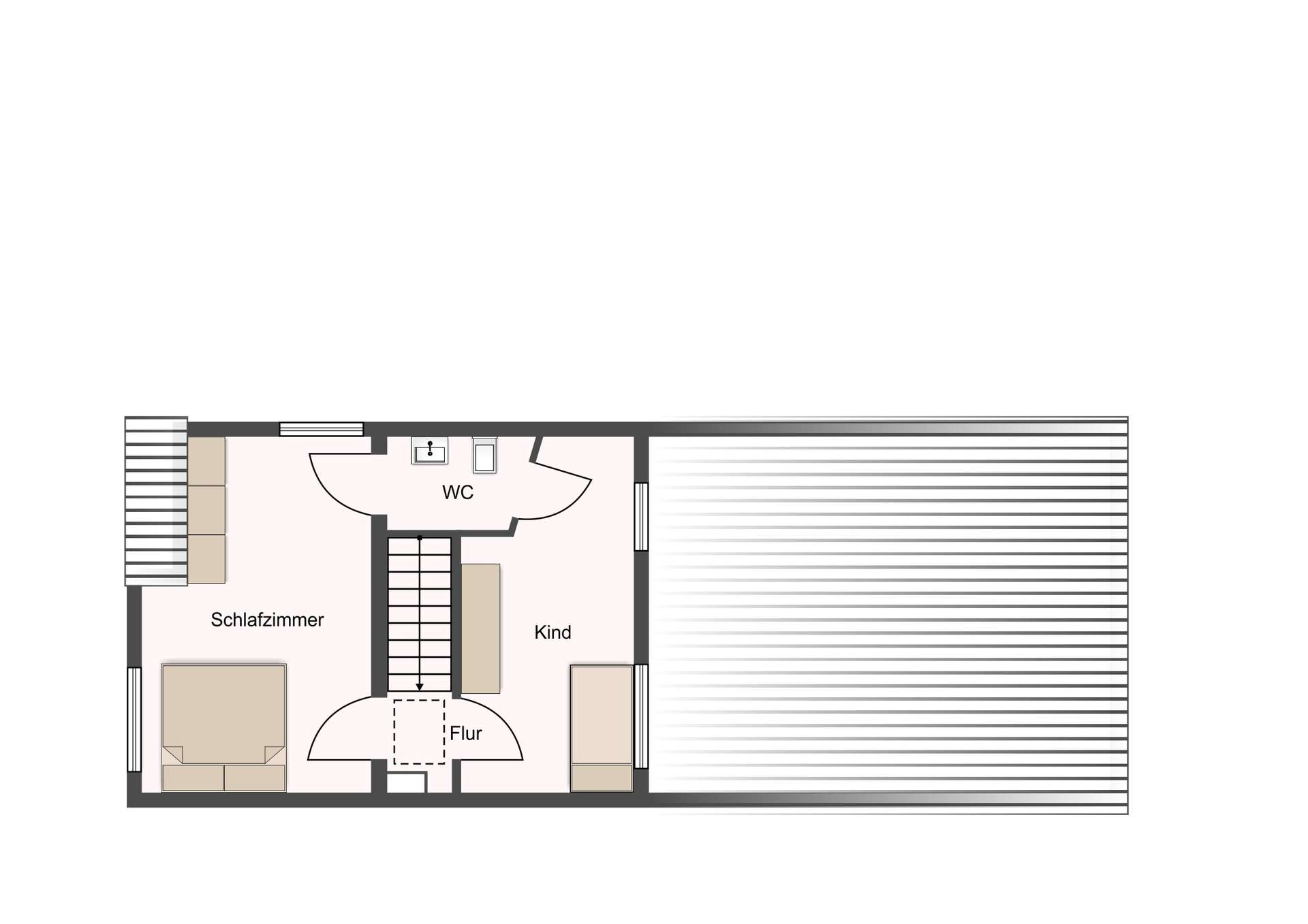 Top-down floor plan showing a bedroom (Schlafzimmer) on the left, a child’s room (Kind) on the right, a central Flur with stairs, and a WC at the top; a large striped outdoor area/deck is on the right side.
