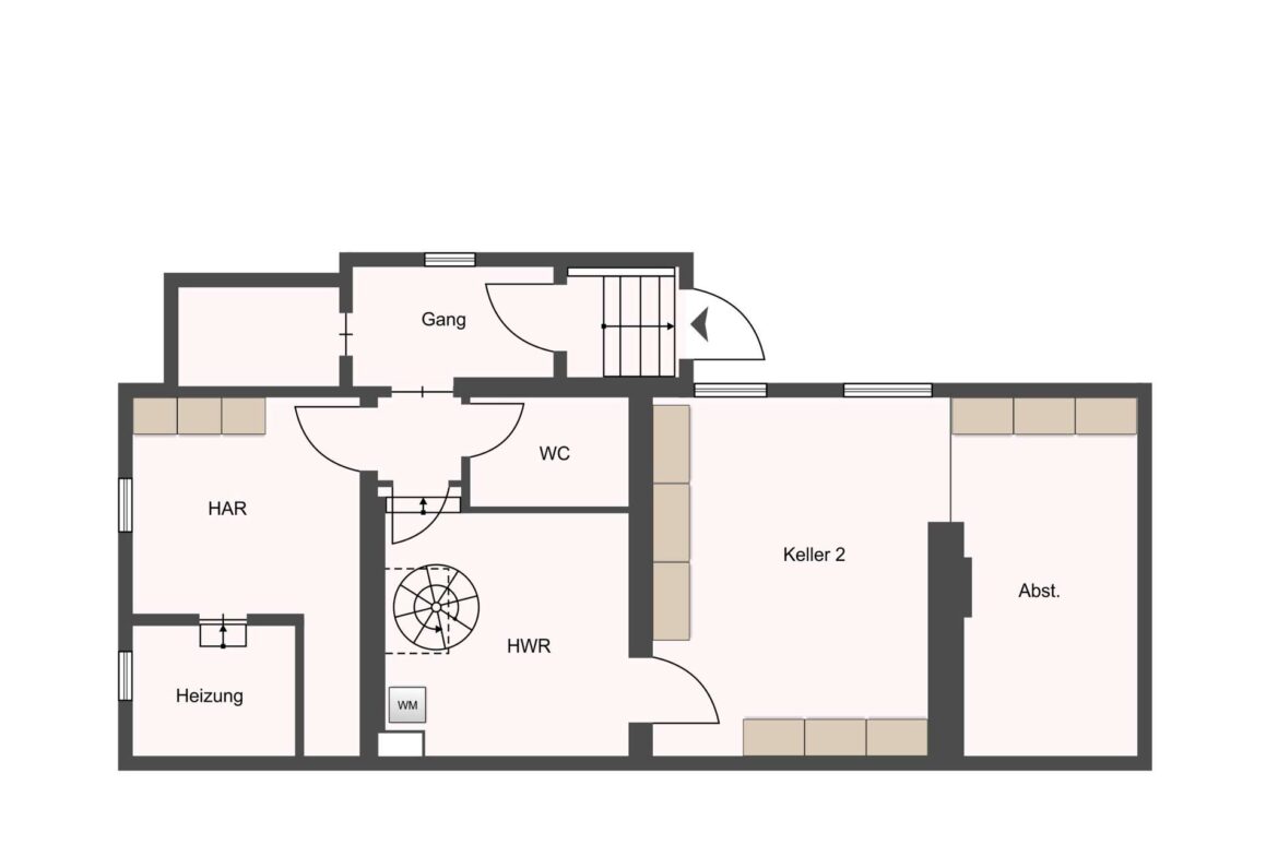 Grundriss eines Kellergeschosses mit HAR, Heizung, HWR, WC, Keller 2, Abstellraum und Gang (Treppenhaus)