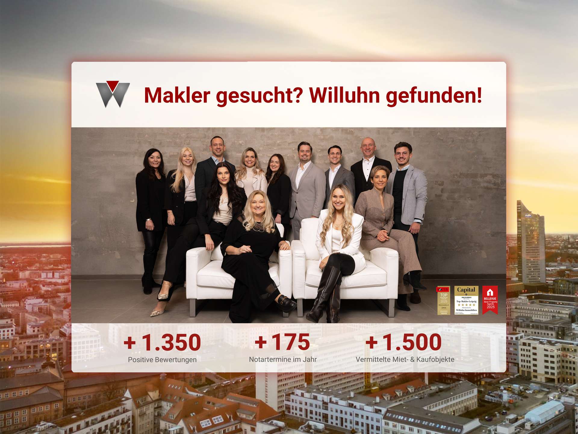 Group of professionals posing in an office against a large banner that reads 'Makler gesucht? Willuhn gefunden!' with a logo on the left.