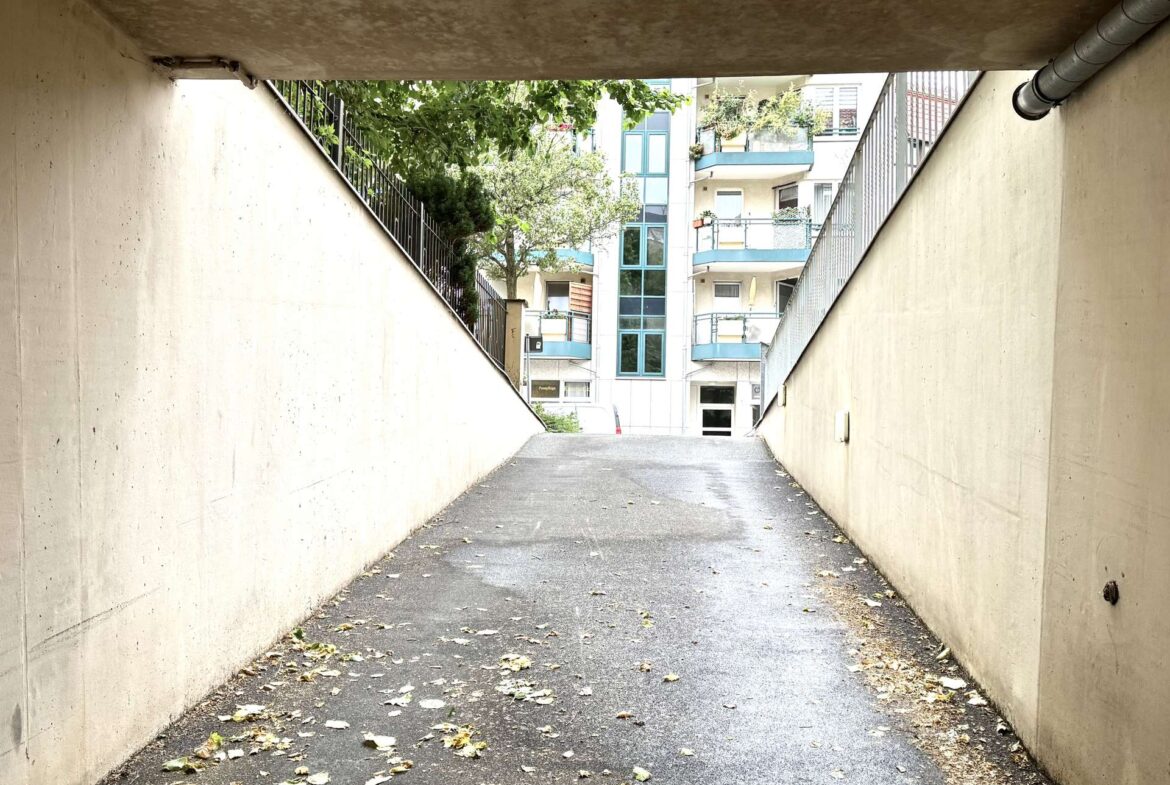 Underground pedestrian tunnel opening to a street with apartment buildings, trees, and scattered fallen leaves on the pavement.