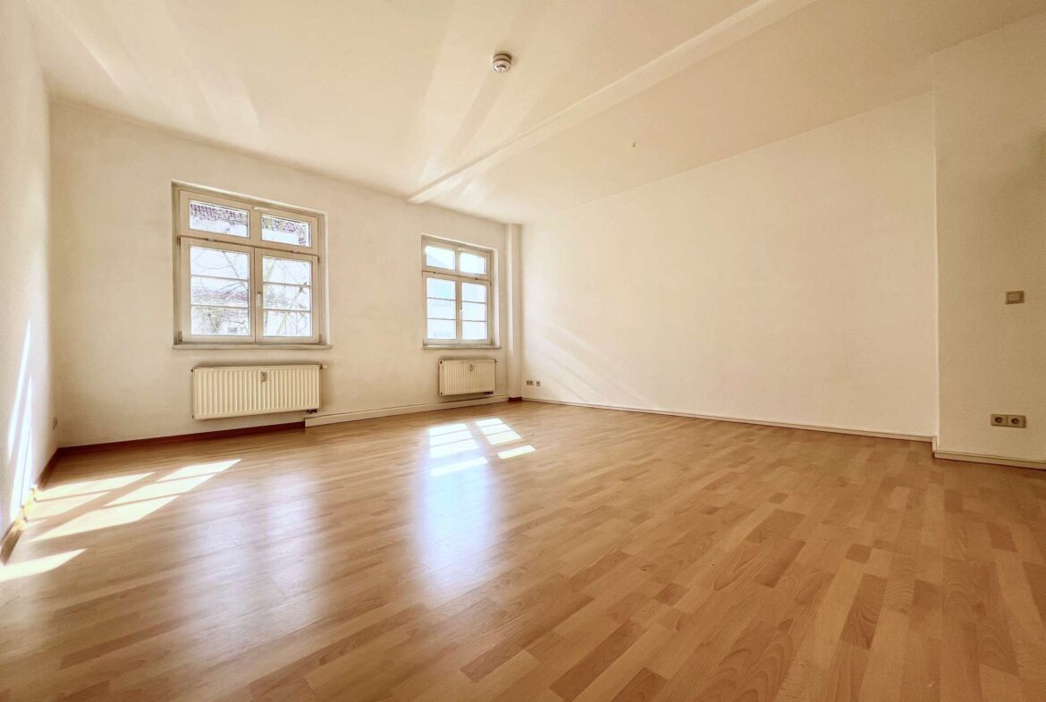 Bright empty room with light wood floors, two windows, and radiators along the wall in natural sunlight.