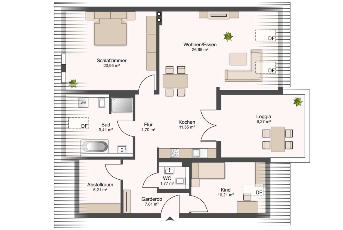 Floor plan of an apartment showing bedroom, living/dining, kitchen, bathroom, WC, storage, and balcony.