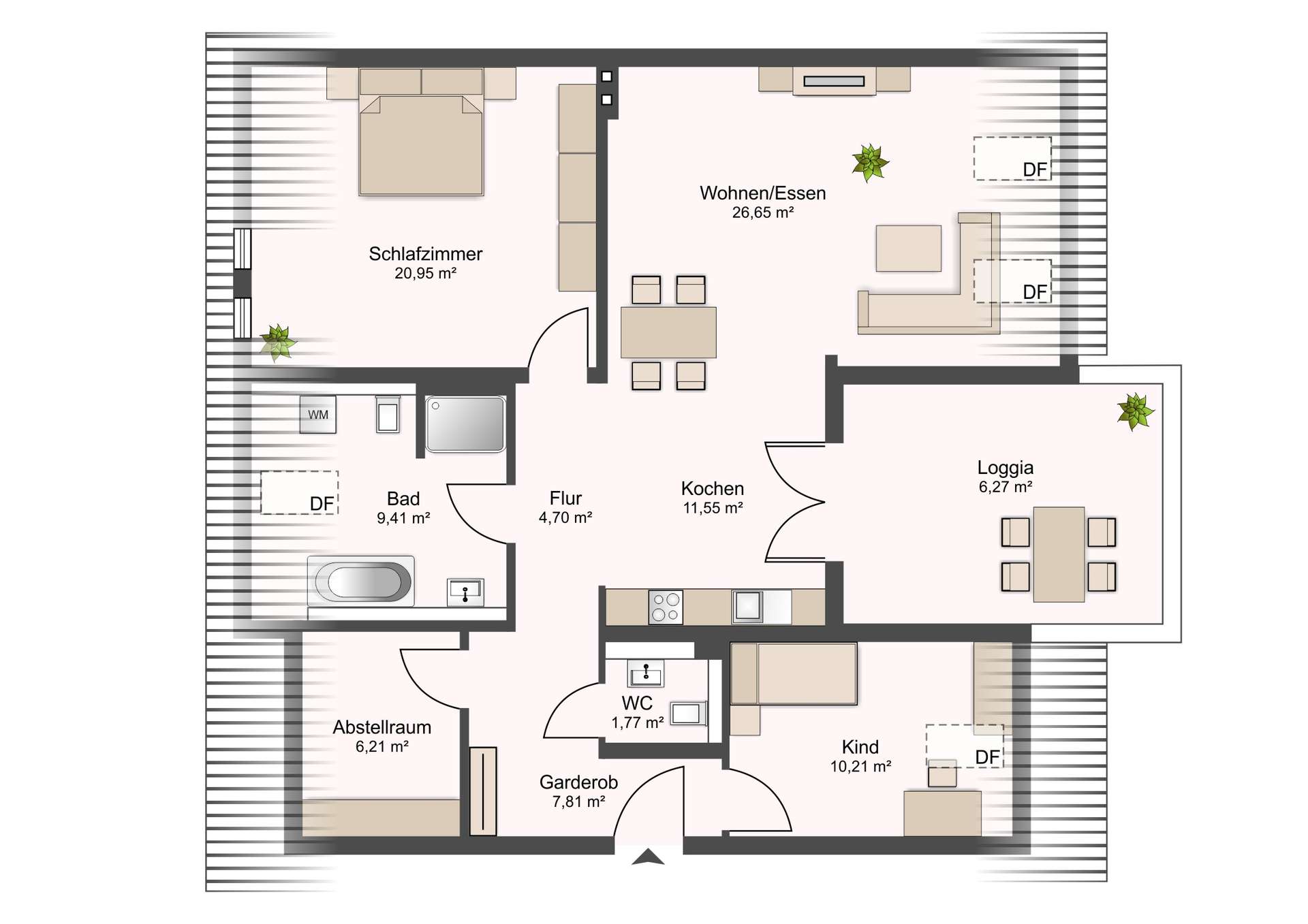 Apartment floor plan with labeled rooms: living room (Wohnen/Essen), bedroom, kitchen, bathroom, WC, storage, hallway, and loggia; shows layout and sizes.
