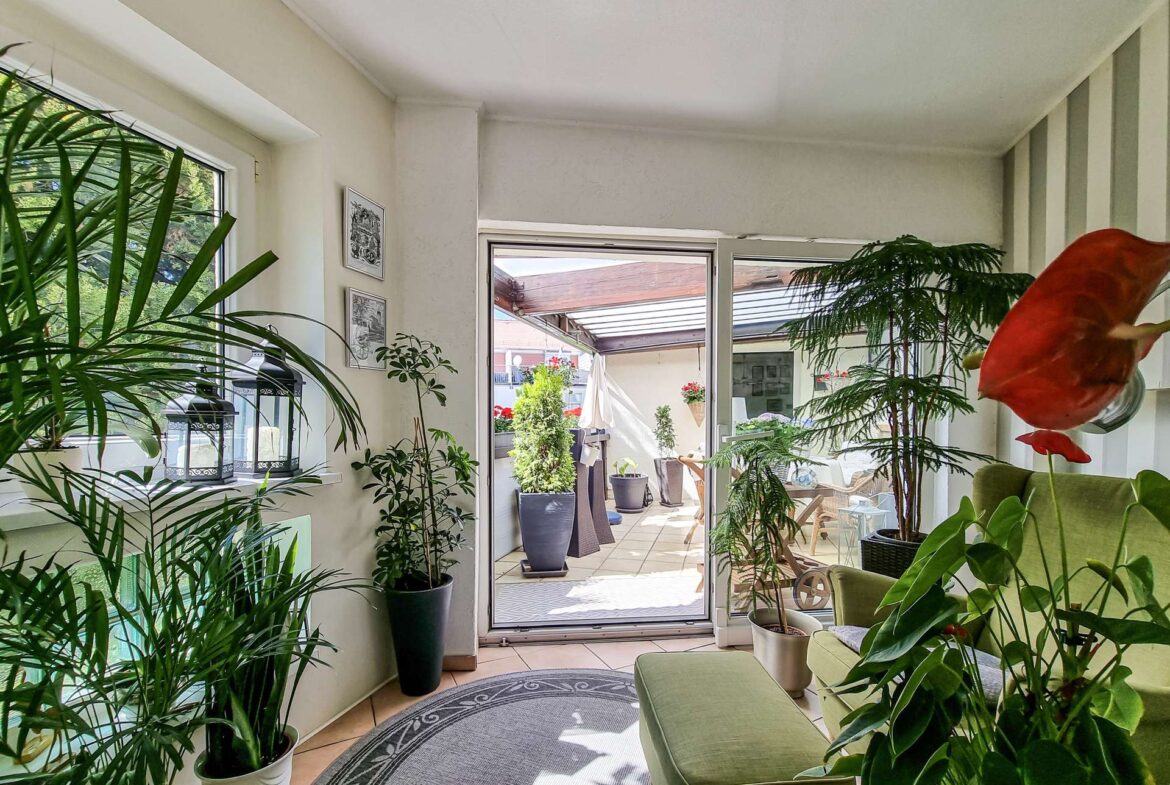 Sunlit living room filled with tall potted plants and a glass sliding door to an outdoor patio area.