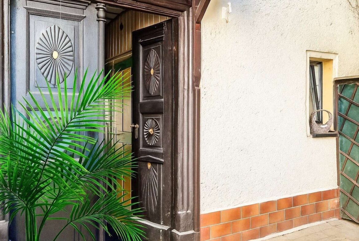 Dark ornate front door with sunburst panels beside a white stucco wall; a large green palm plant dominates the foreground.